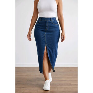 Halara Denim Midi Skirt Front Slit Pockets XL NWT